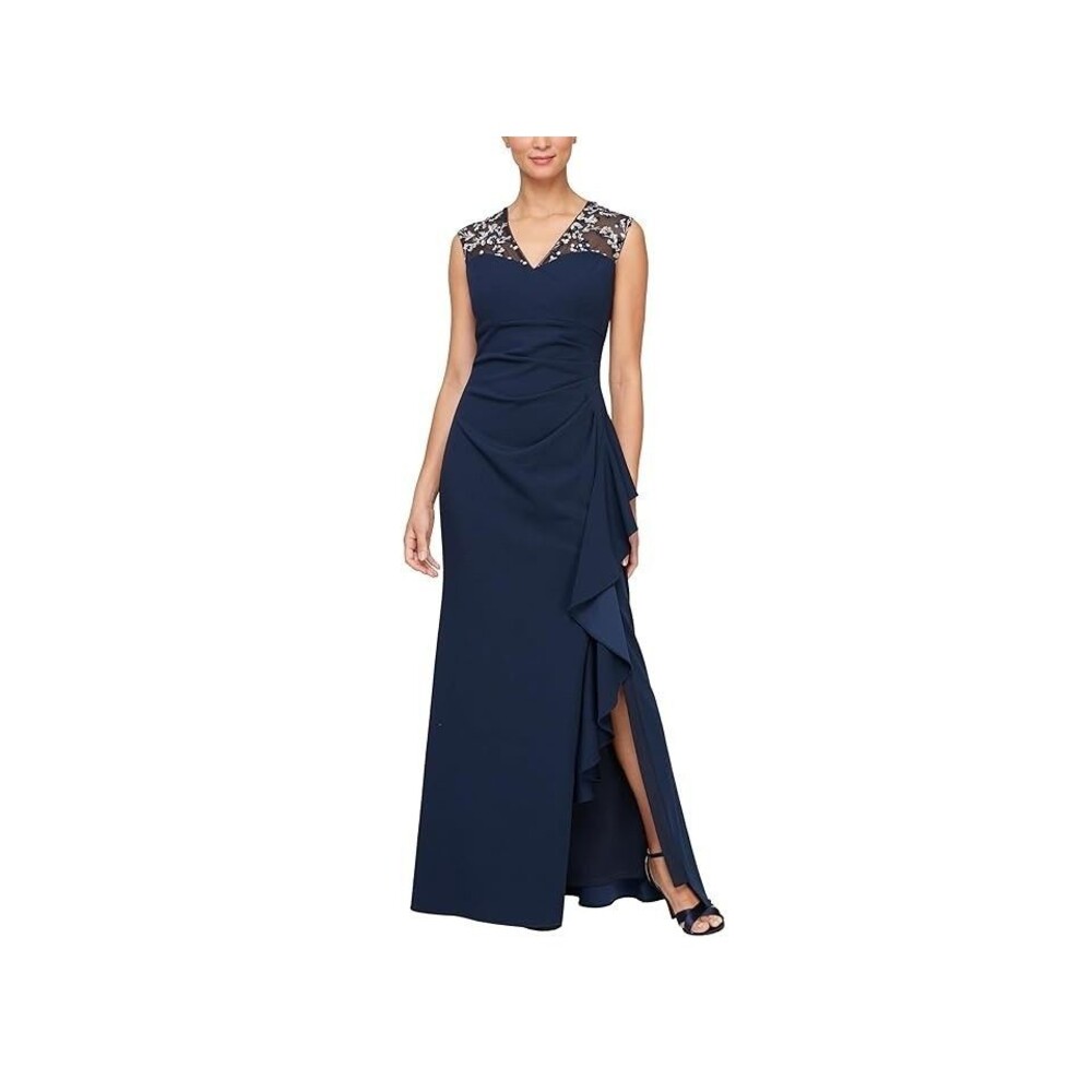 Size 14 - Alex Evenings Long Matte Jersey Dress w/ Embroidered Neckline NWT